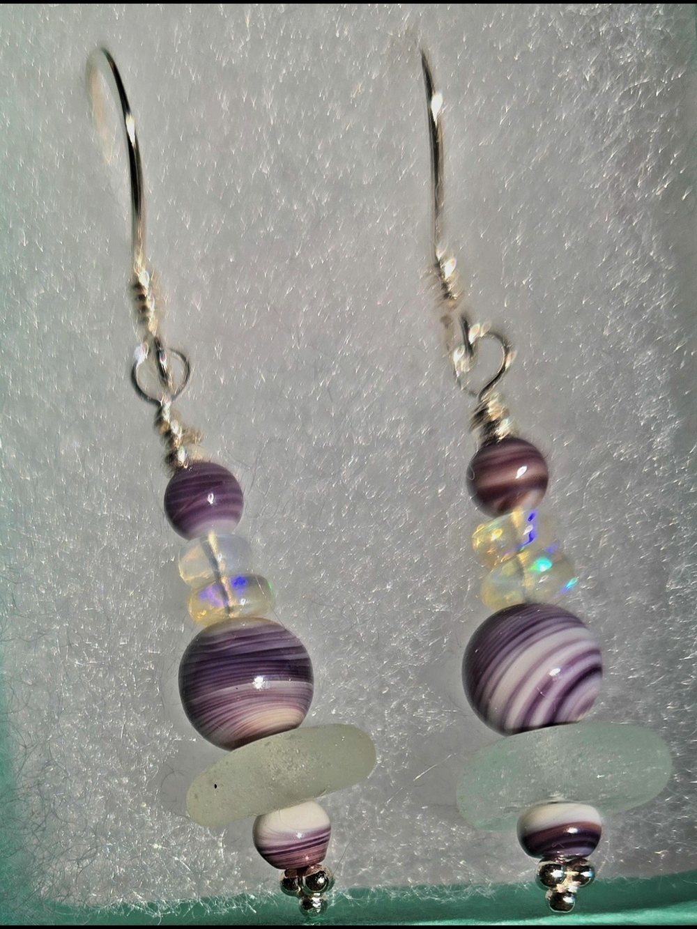 Sterling Hook Martha's Vinyard Seafoam Seaglass & Wampum Dangle Earrings